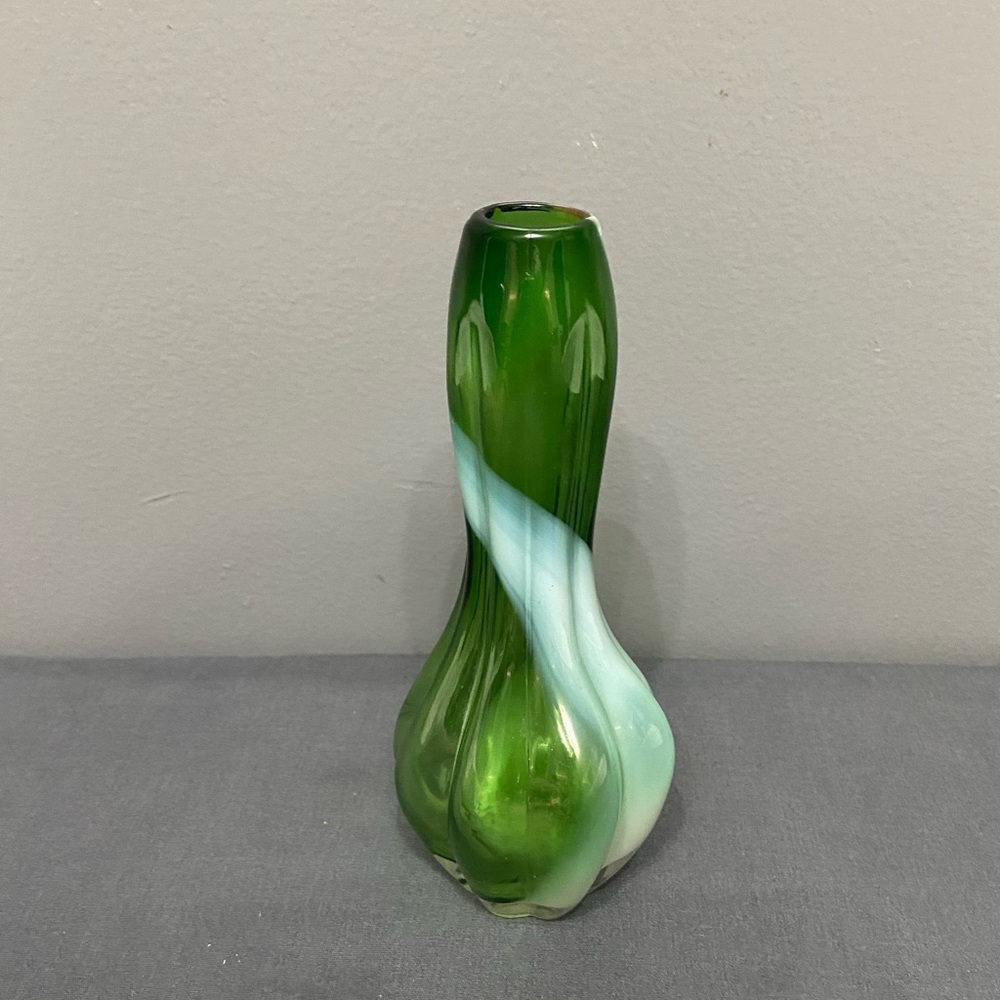 Vintage Small Blown Art Glass Green & White Bud Vase 6.6"x3"